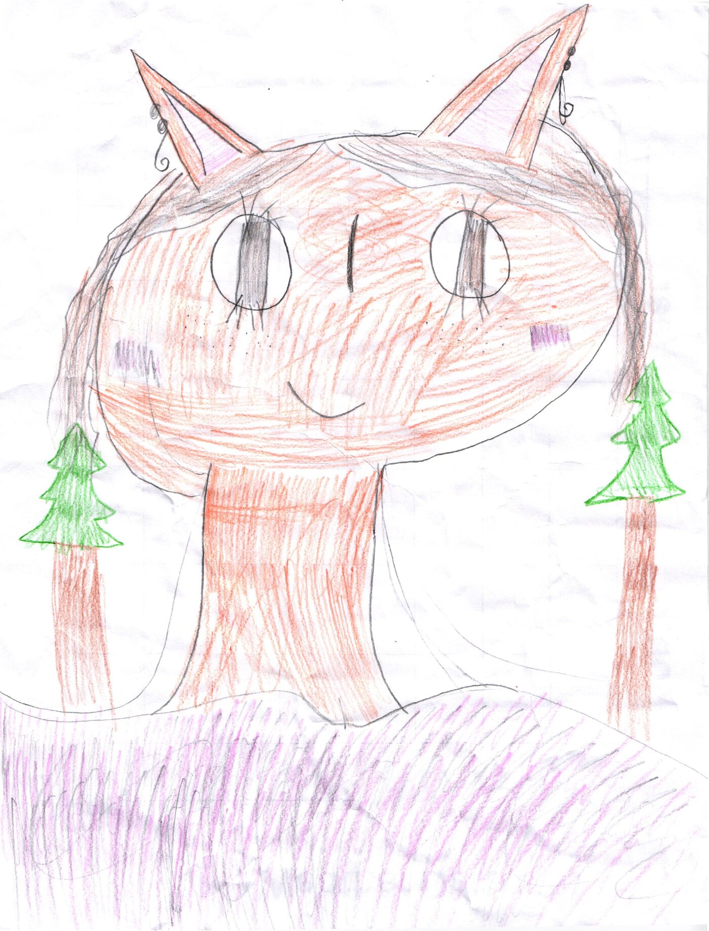 A colored-pencil portrait of a fox-girl character with pointed ears, large eyes, and pink cheeks, standing on a purple-shaded meadow between two evergreen trees.