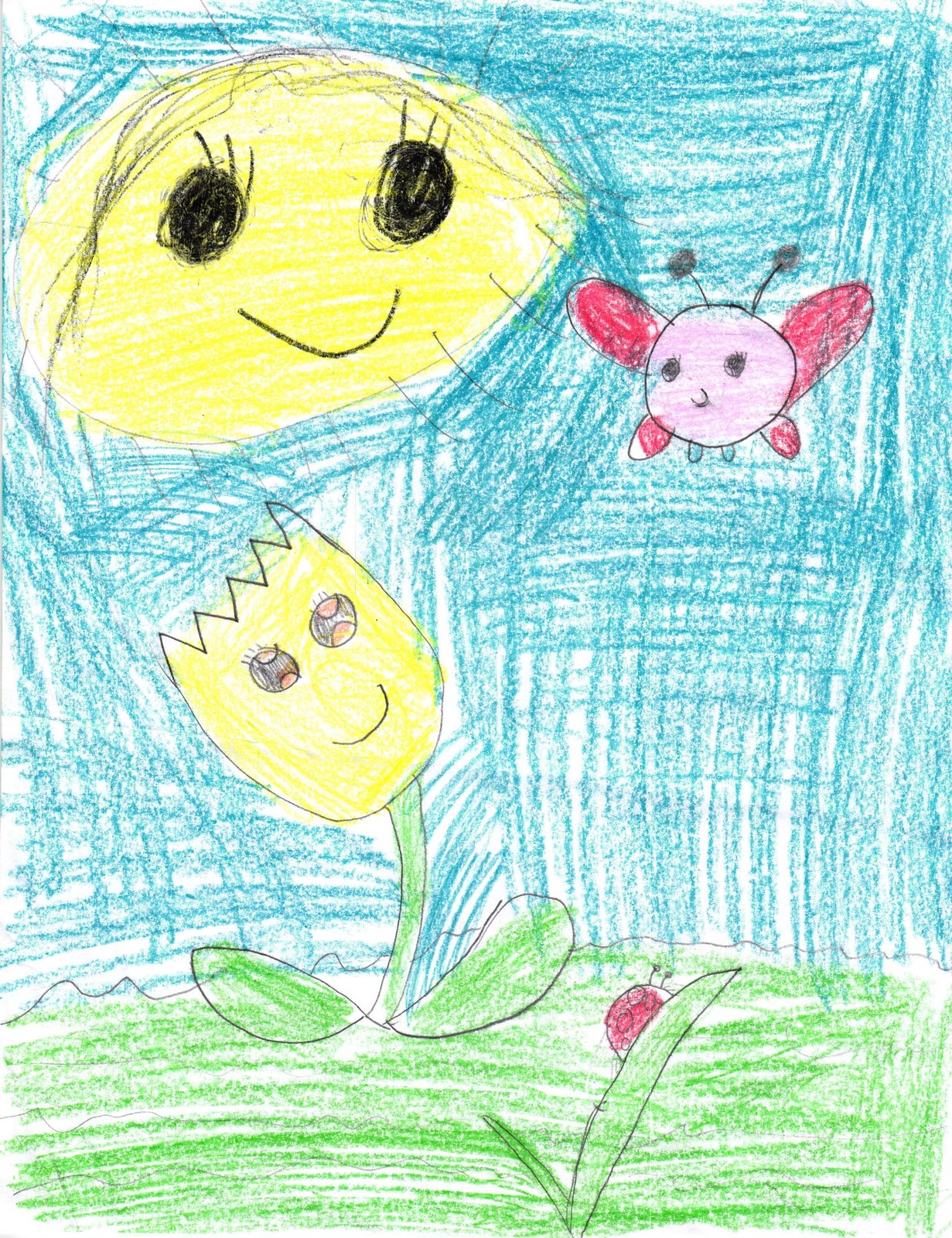 A crayon drawing with a smiling yellow sun, a smiling yellow tulip on green grass, a pink-and-red butterfly, and a small red snail, all on a teal sky background.