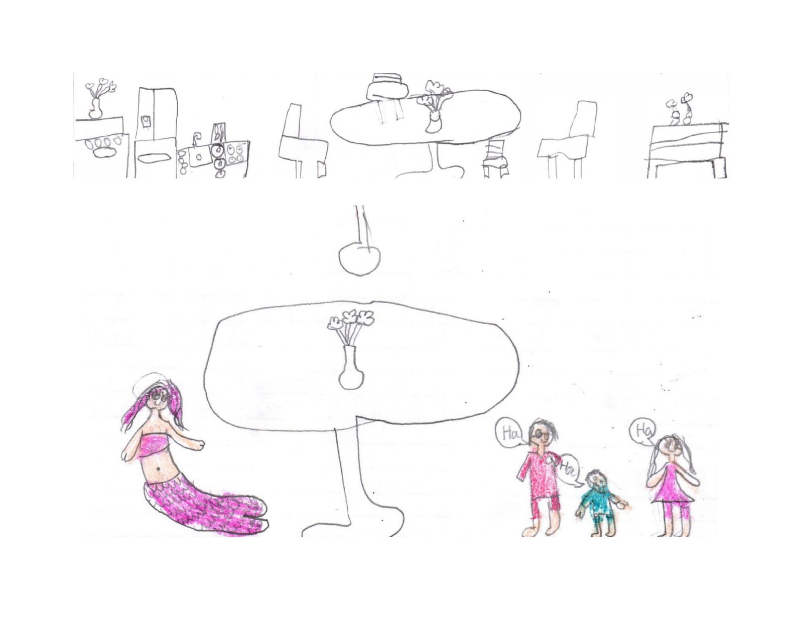 A drawing depicting a mermaid transformation at the dinner table.