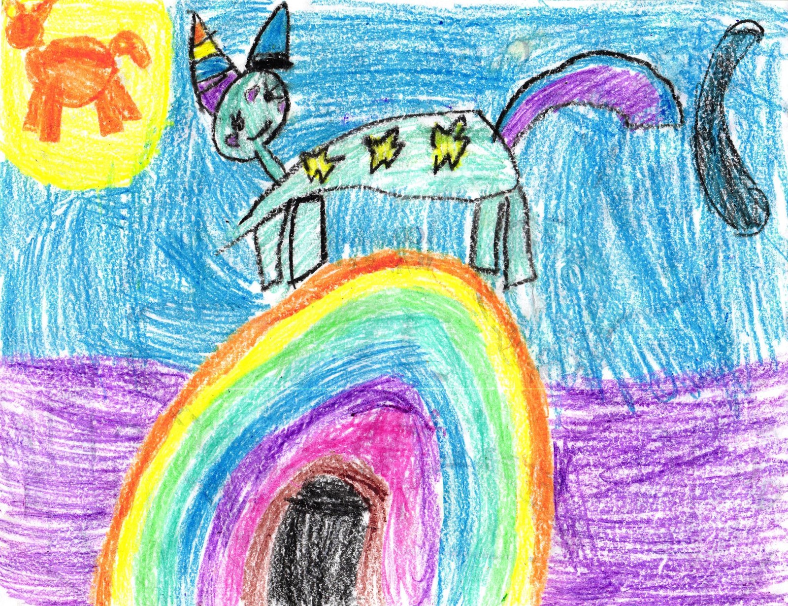 A crayon drawing of a teal unicorn with a striped party hat standing on a colorful rainbow, against a blue sky with a yellow sun in the upper-left corner.